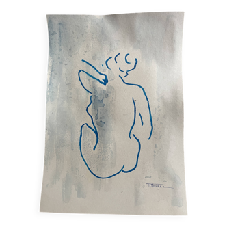 Signed painting in Indian ink and watercolor, female portrait "in the shower"