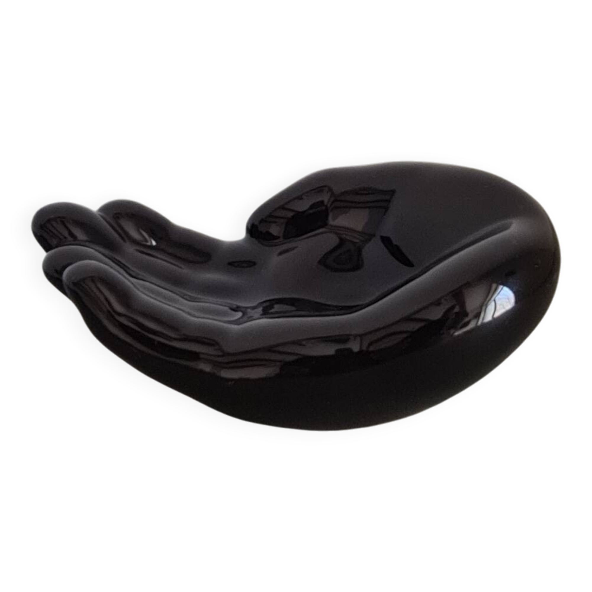 Vintage 1970s black ceramic hand-shaped trinket dish, retro decorative sculpture, centerpiece, home decor, soap dish