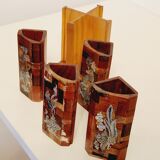 2 vintage Asian pencil pots Vietnam rosewood and mother-of-pearl inlays