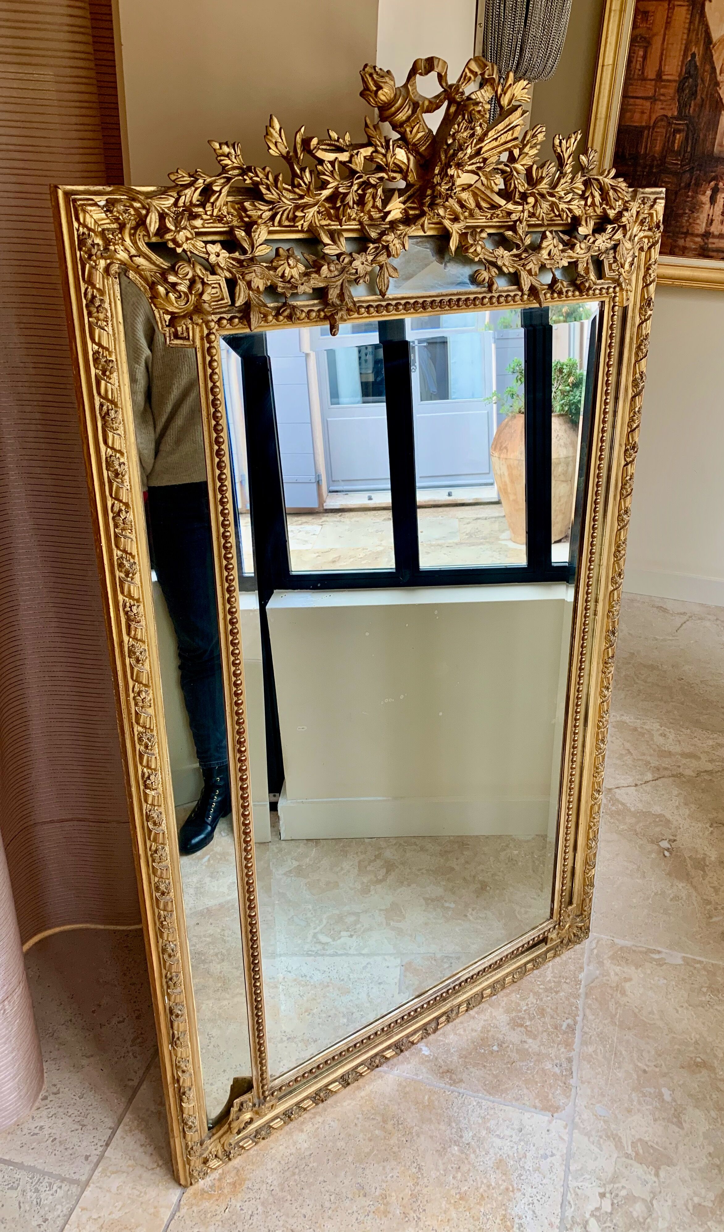 Large mirror style Louis XVI in gilded wood with parecloses xixth h: 165 cm