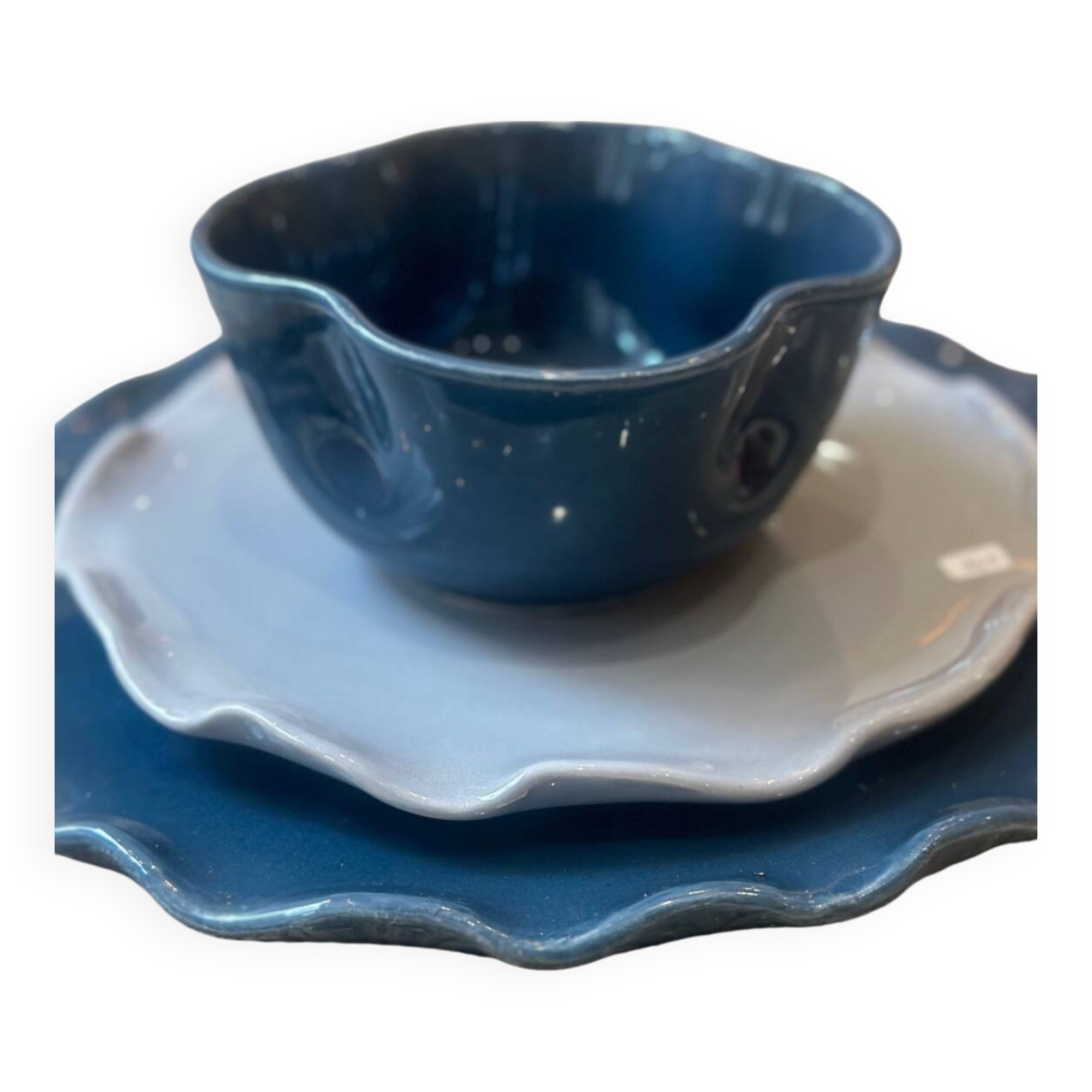 Handmade enameled ceramic bowl, pop clover flower, petrol blue