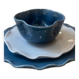 Handmade enameled ceramic bowl, pop clover flower, petrol blue