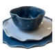 Handmade enameled ceramic bowl, pop clover flower, petrol blue