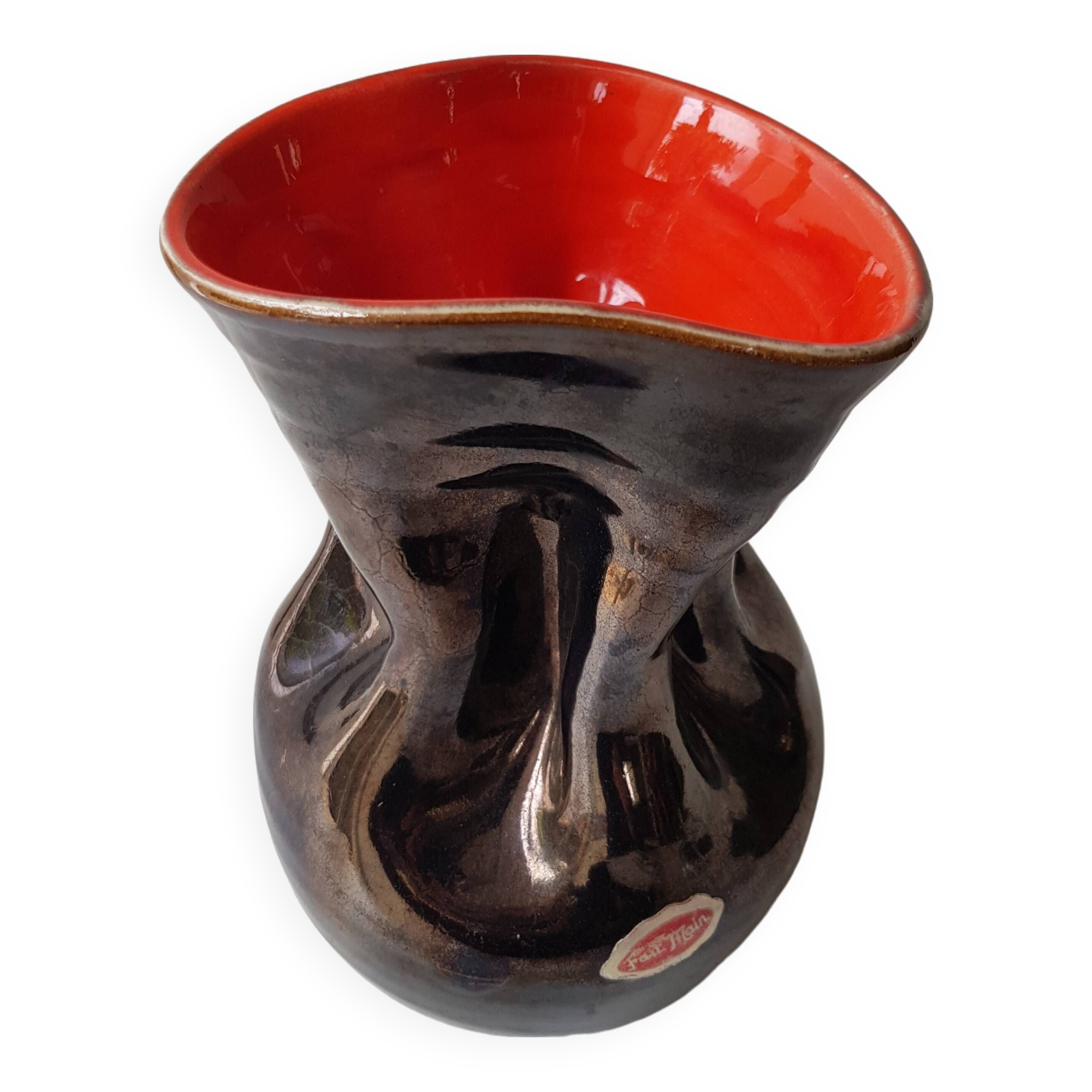 Ceramic vase Pearly black / red Free form - 60s design signed L Bro