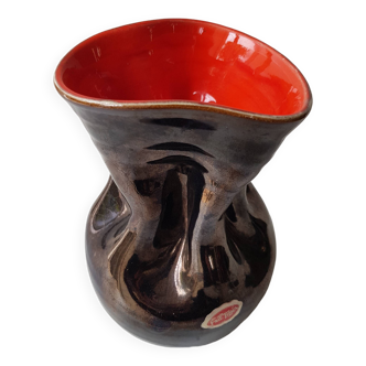 Ceramic vase Pearly black / red Free form - 60s design signed L Bro