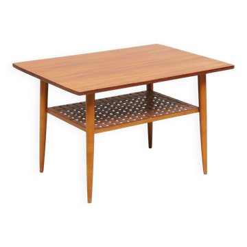 Vintage Scandinavian teak coffee table with woven shelf - 1960s