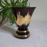 Flared vase in purple glass with a central gold motif