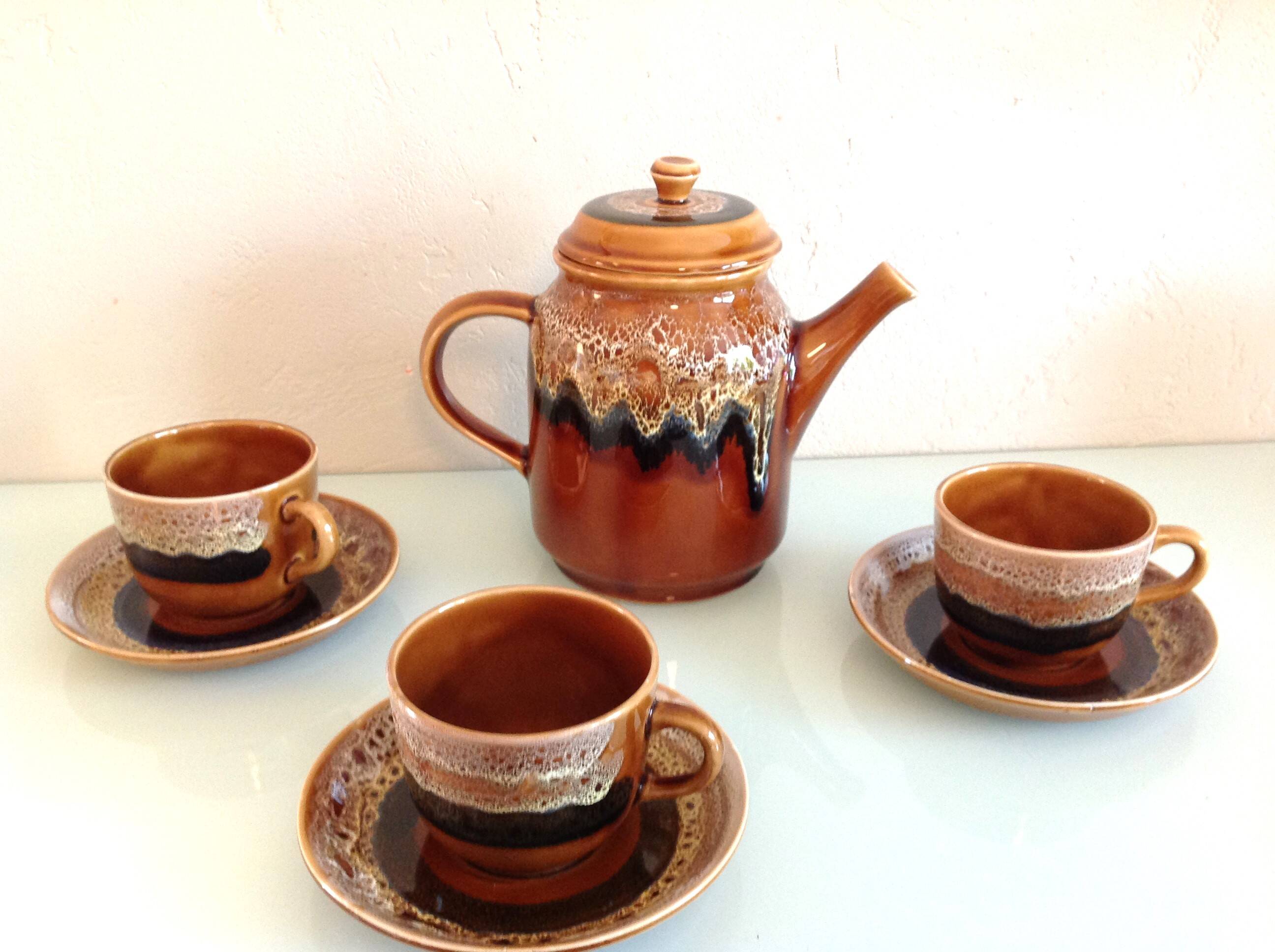 Hawaiian decor coffee service from the Sarreguemines faience factories / vintage 60s-70s