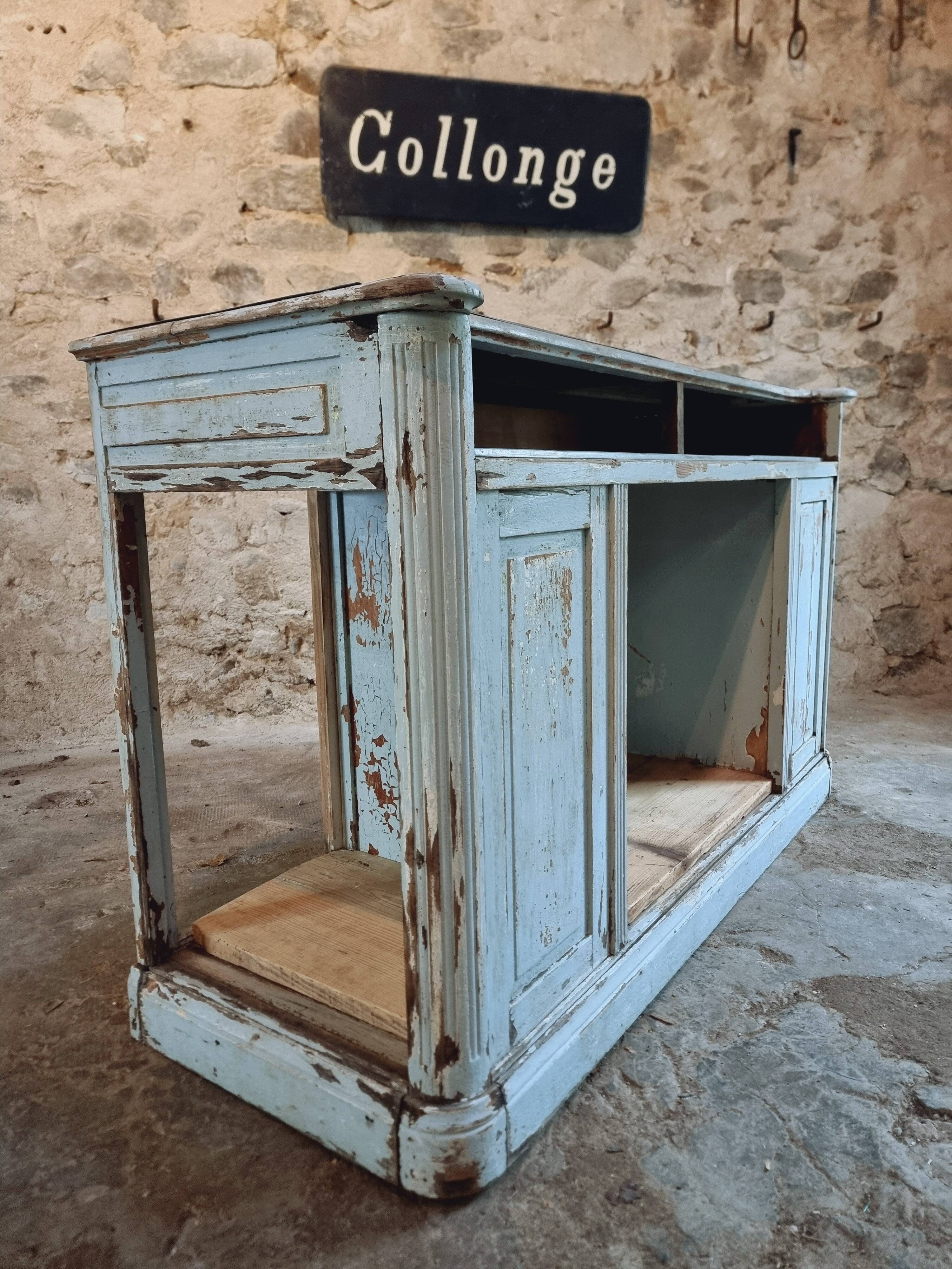 Comptoir ancien en chêne avec plateau en zinc et patine bleue