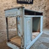 Antique oak counter with zinc top and blue patina