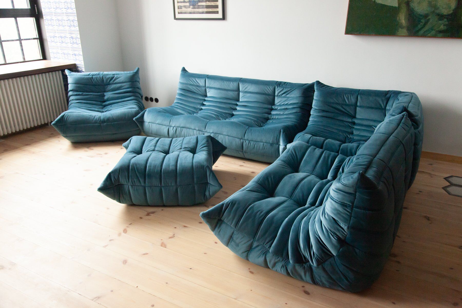Togo living room set in blue velvet by Michel Ducaroy for Ligne Roset, set of 5