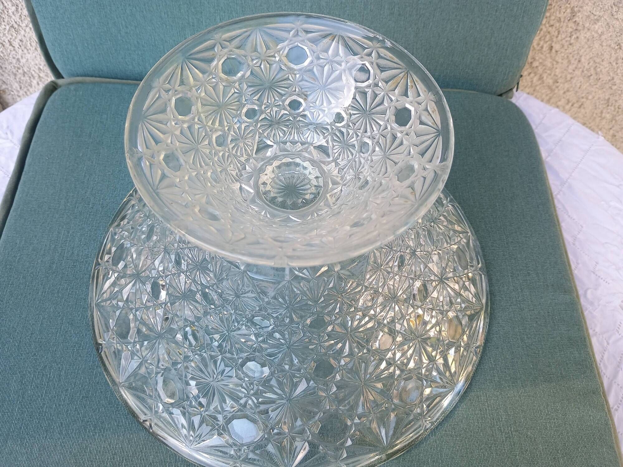 Flared fruit bowl with a pedestal, all made of pressed moulded glass, mid-20th century.