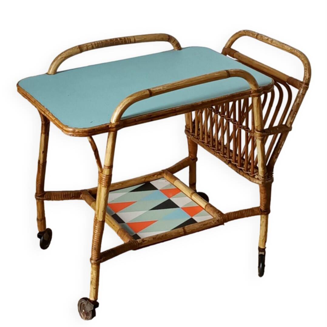 Vintage bamboo and rattan serving cart