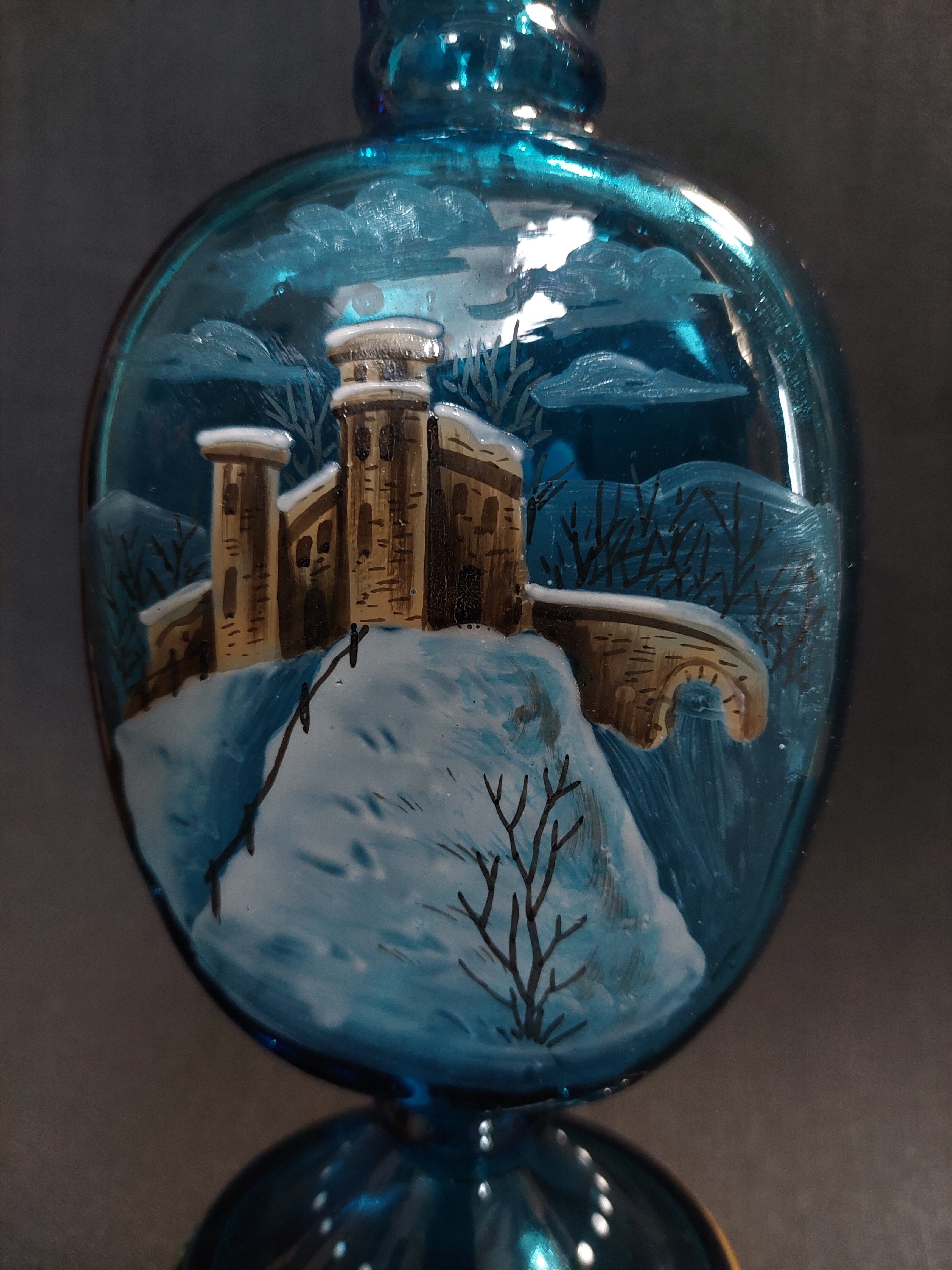 Mary Gregory enamelled glass vase snow decoration on art nouveau blue background 1900