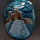 Mary Gregory enamelled glass vase snow decoration on art nouveau blue background 1900