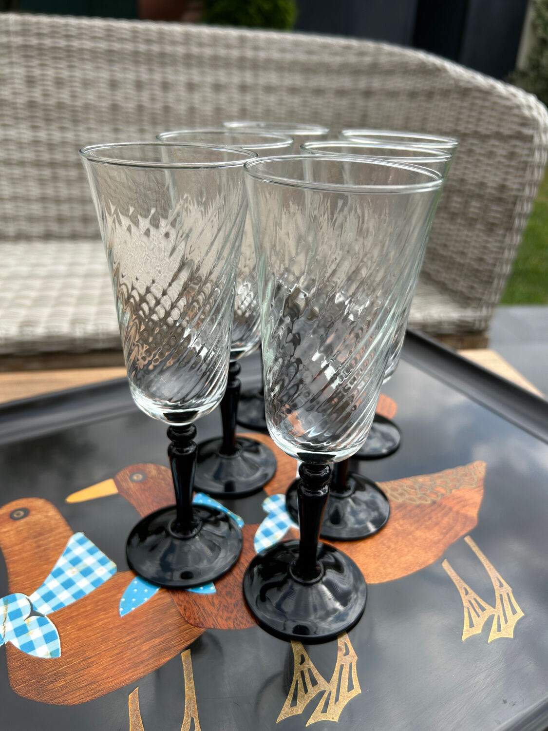 6 twisted champagne flutes and black foot