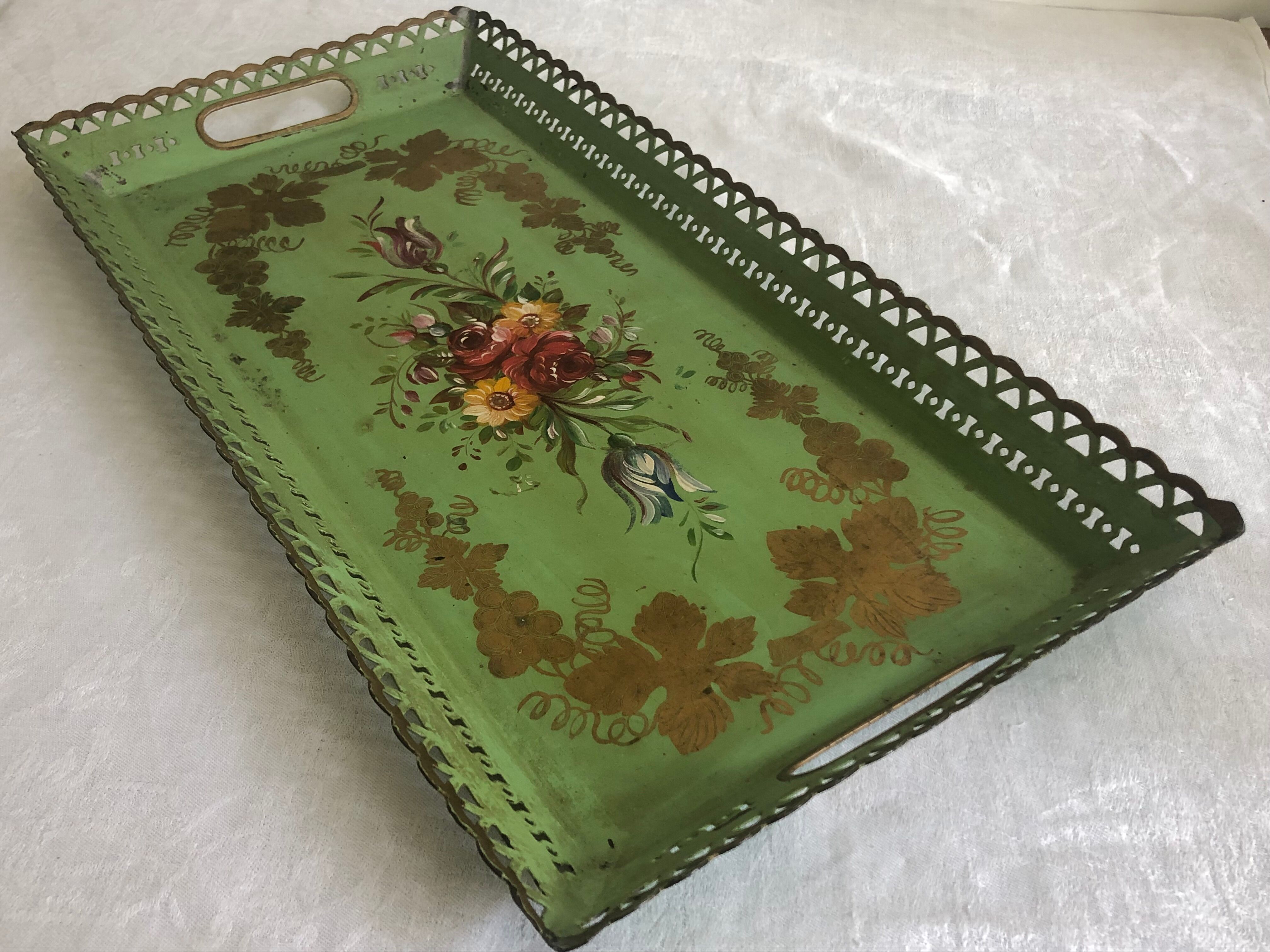 Large Napoleon III tray, painted sheet metal, floral motif