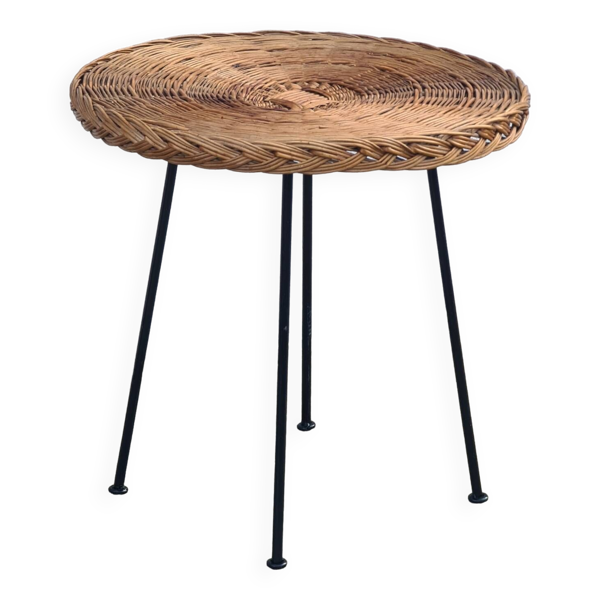 Table d'appoint, guéridon, table basse rotin osier 1950-60