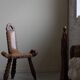 Carved wooden tripod chair with leather seat, Wabi Sabi, early 20th century.