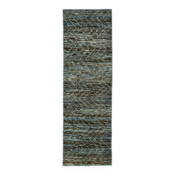 Hand-Knotted Tribal Unique 91 cm x 295 cm Blue Wool Runner Carpet