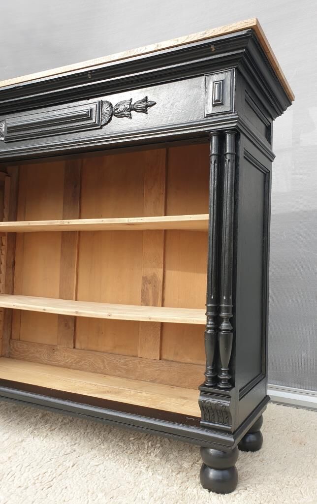 Neoclassical black wood bookcase with columns