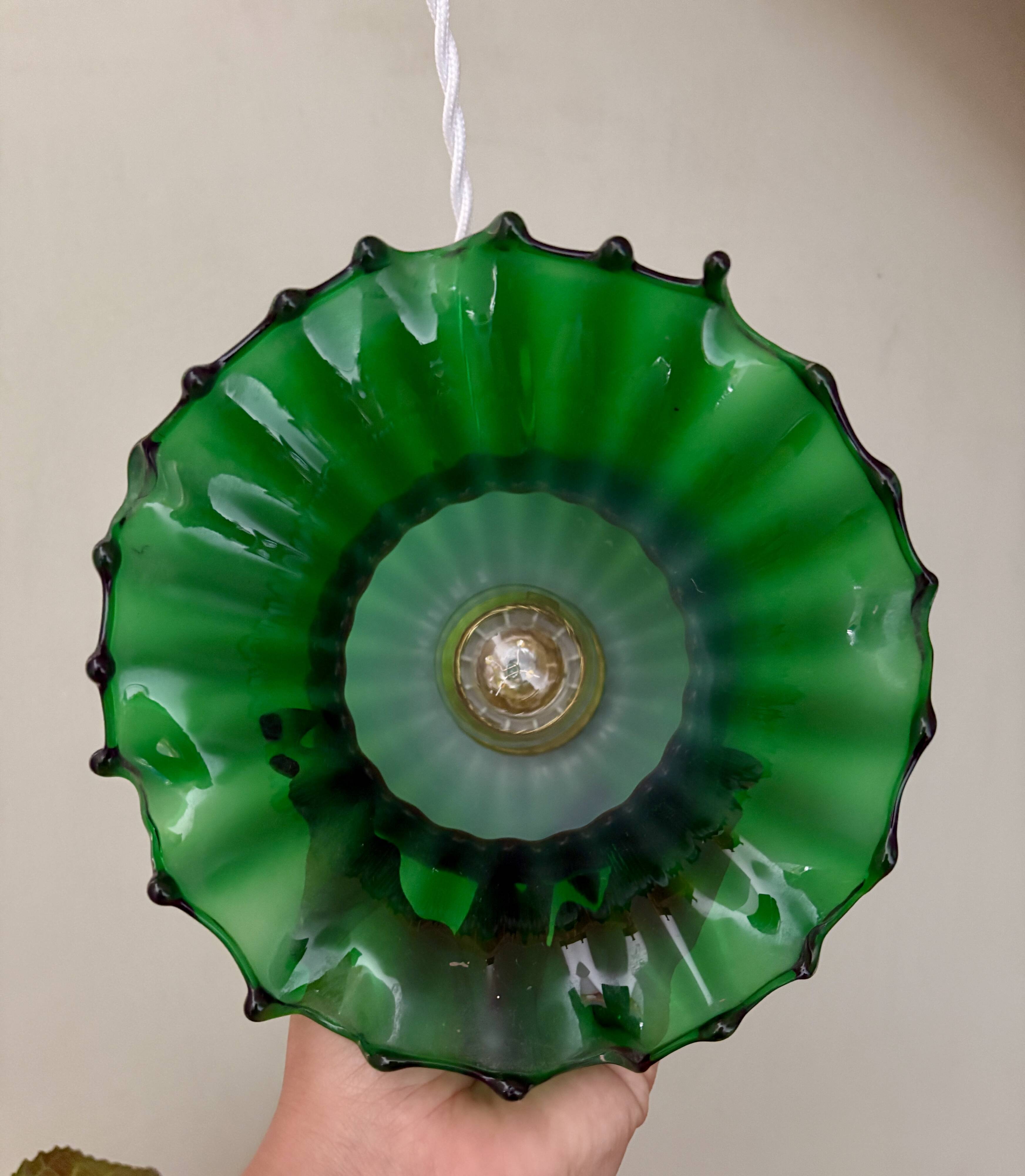 Vintage green glass tulip pendant light