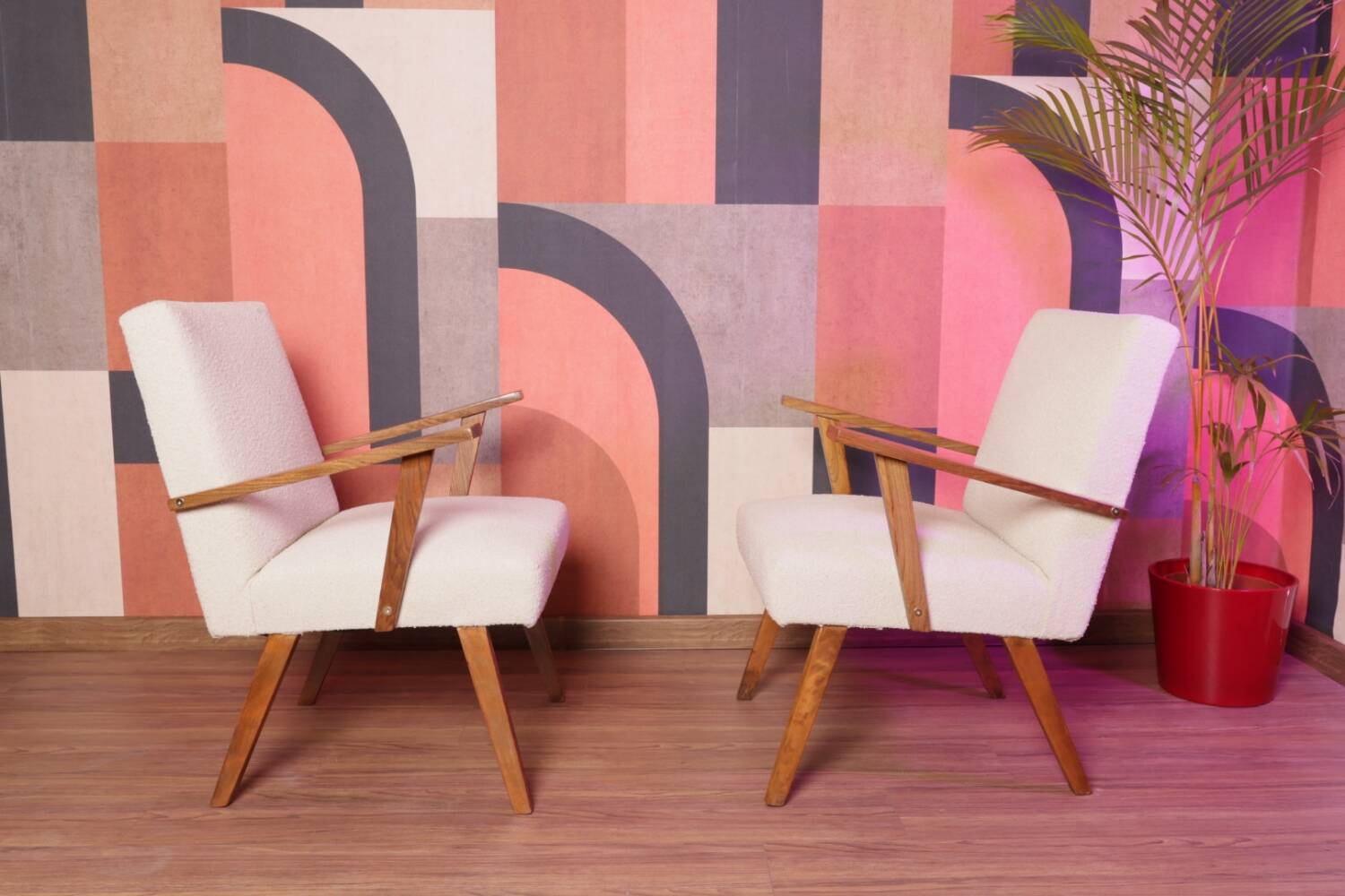 Vintage beige bouclé armchair with walnut wood from the 1950s.