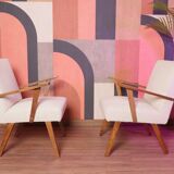 Vintage beige bouclé armchair with walnut wood from the 1950s.