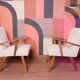 Vintage beige bouclé armchair with walnut wood from the 1950s.