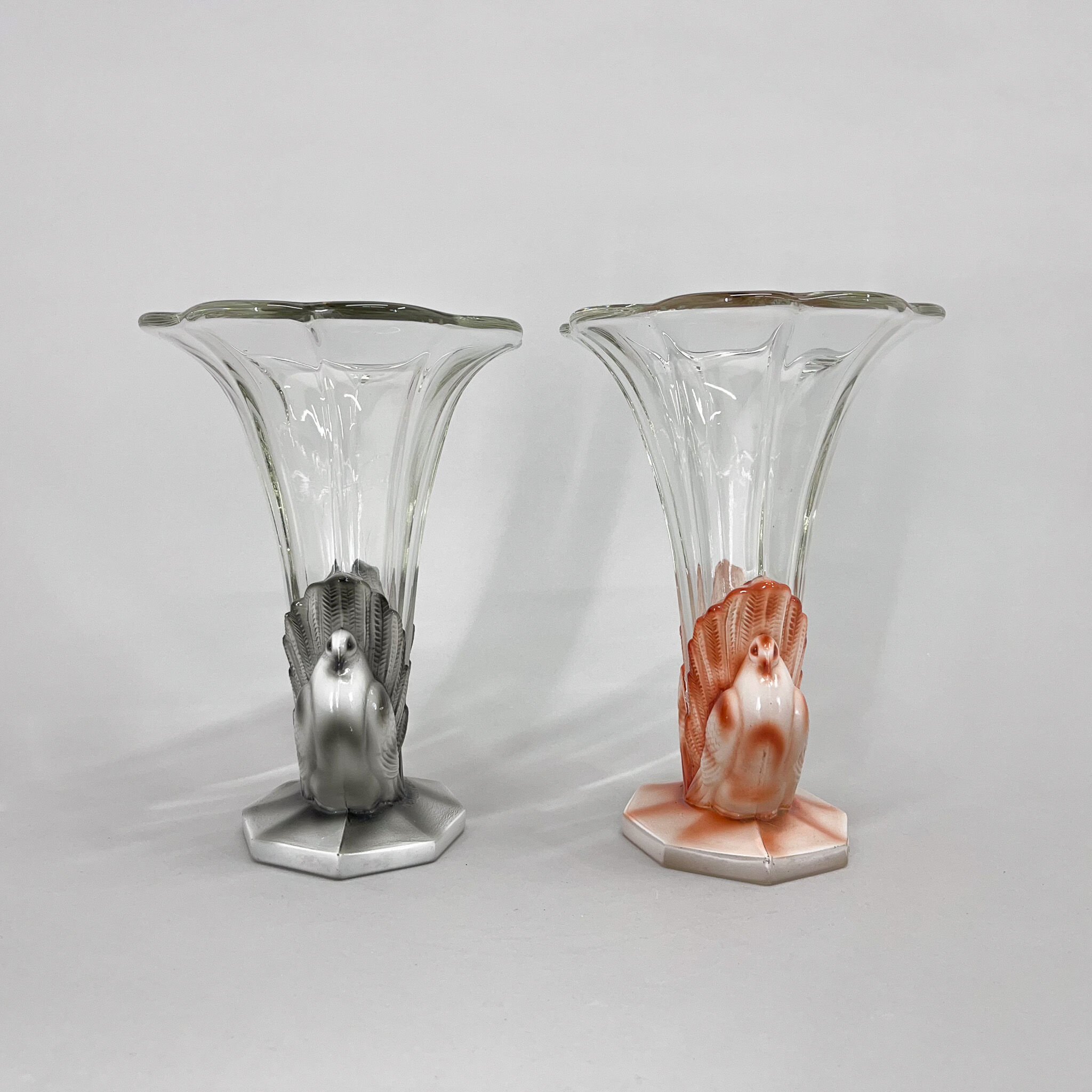 Set of Two Art Deco Dove Birds Glass Vases by Josef Feigl for Libochovice Glassworks, 1930s