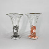 Set of Two Art Deco Dove Birds Glass Vases by Josef Feigl for Libochovice Glassworks, 1930s