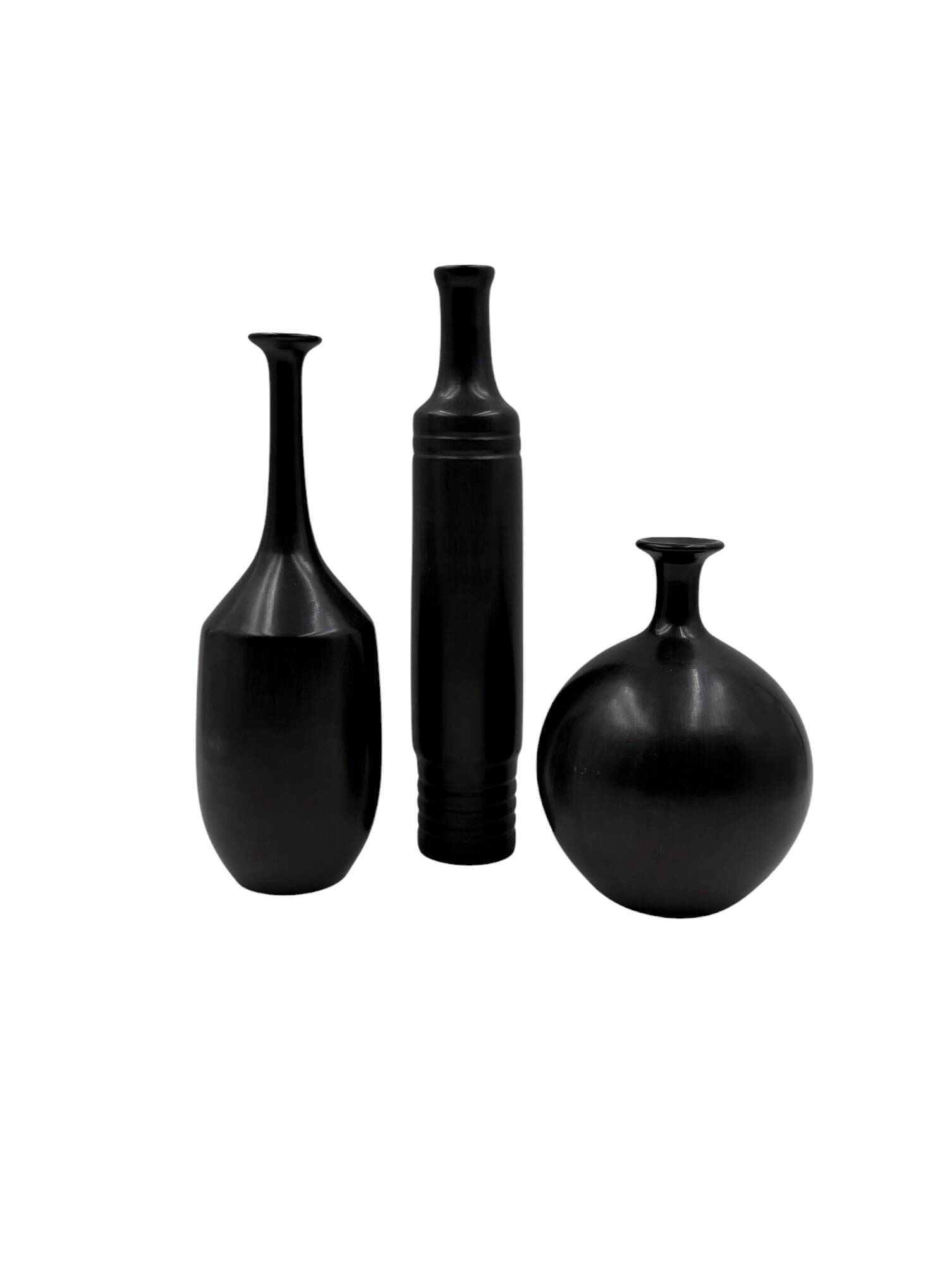 Mid-century set of 3 black bucchero ceramic vases, Sebastiani Italy 1960s