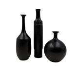 Mid-century set of 3 black bucchero ceramic vases, Sebastiani Italy 1960s