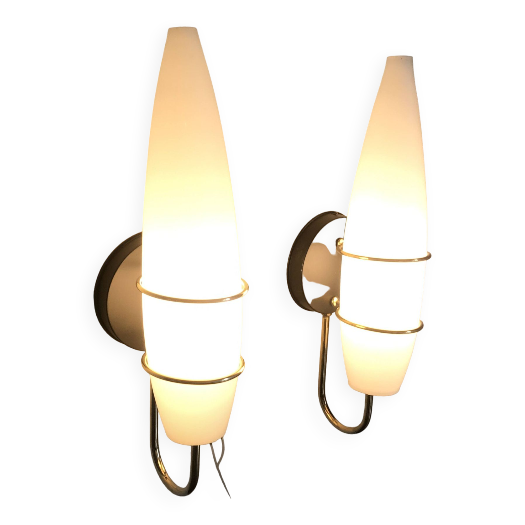Pair of modernist wall lights in opaline brass white flame 1960 vintage minimalist