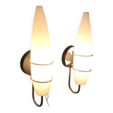 Pair of modernist wall lights in opaline brass white flame 1960 vintage minimalist