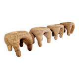 Wicker and pine needle table and stools, France, 1980s