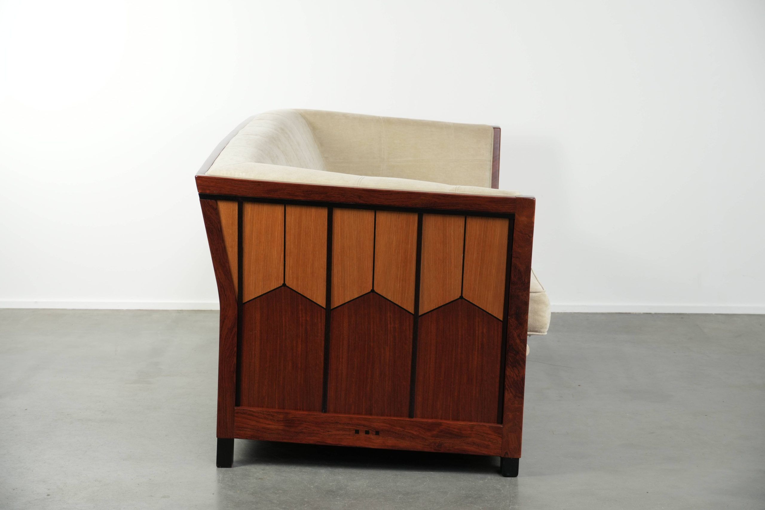 Art Deco design sofa with beautiful woodwork and cream fabric upholstery