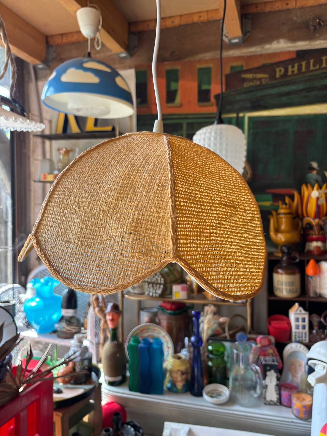 Vintage woven straw bell pendant light