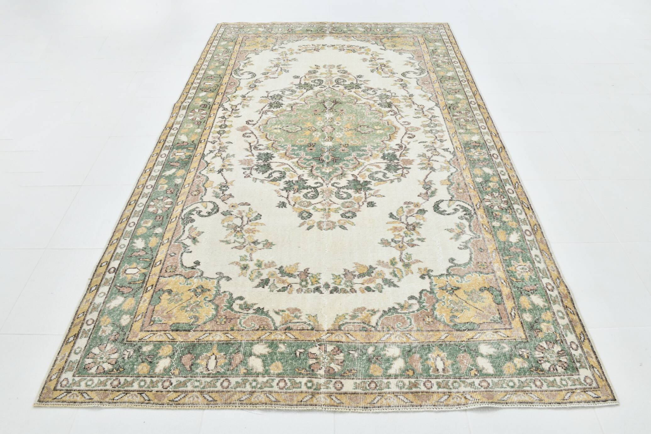 6x10 Beige & Green Geometric Pattern Anatolian Vintage Rug, 185x296 Cm