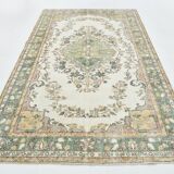 6x10 Beige & Green Geometric Pattern Anatolian Vintage Rug, 185x296 Cm