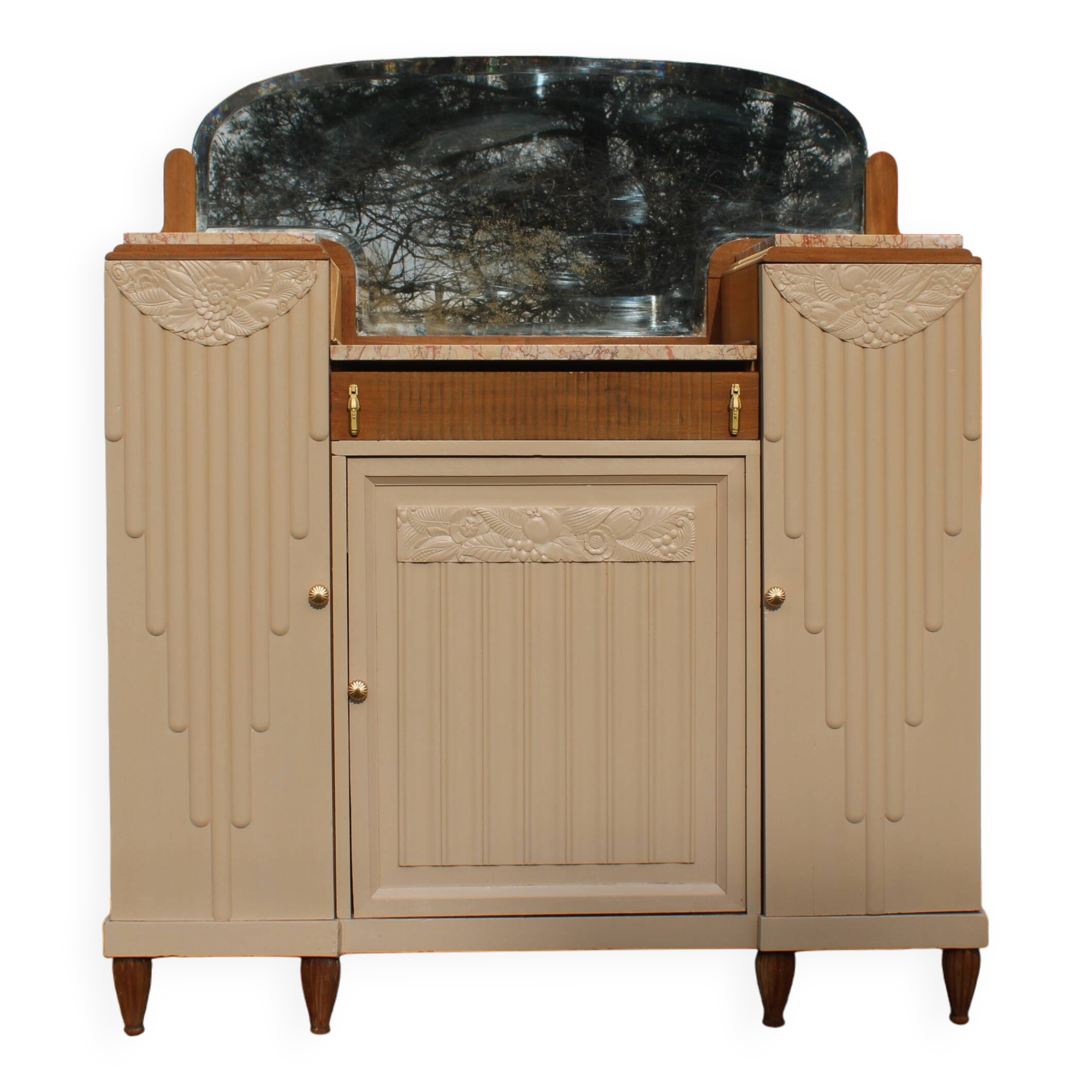Renovated Art Deco buffet, pink marble and original mirror.