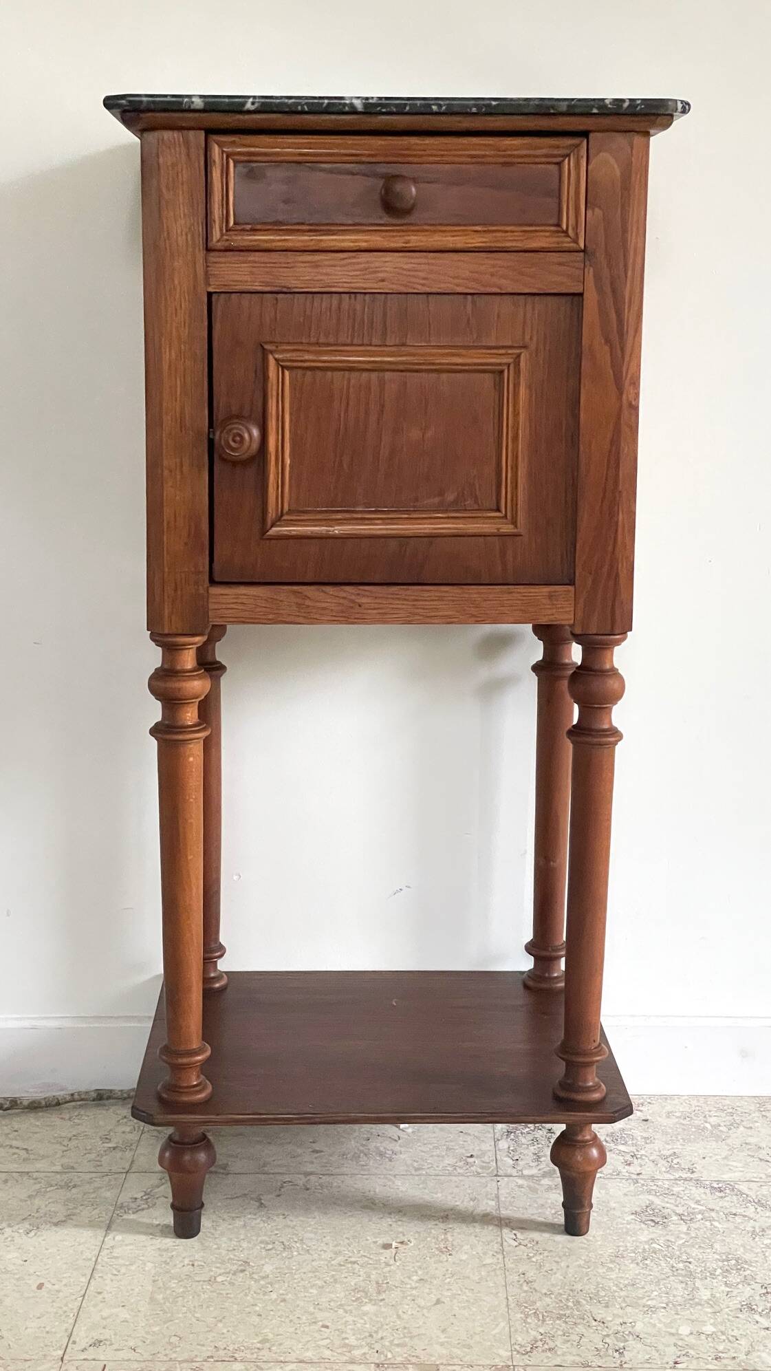Antique bedside table in wood and marble