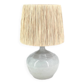 Gray ceramic lamp signed, raffia lampshade, 1960s