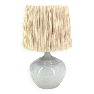 Gray ceramic lamp signed, raffia lampshade, 1960s