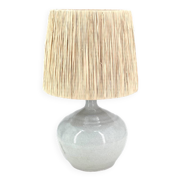 Grey ceramic lamp signed, raffia shade, 1960s.