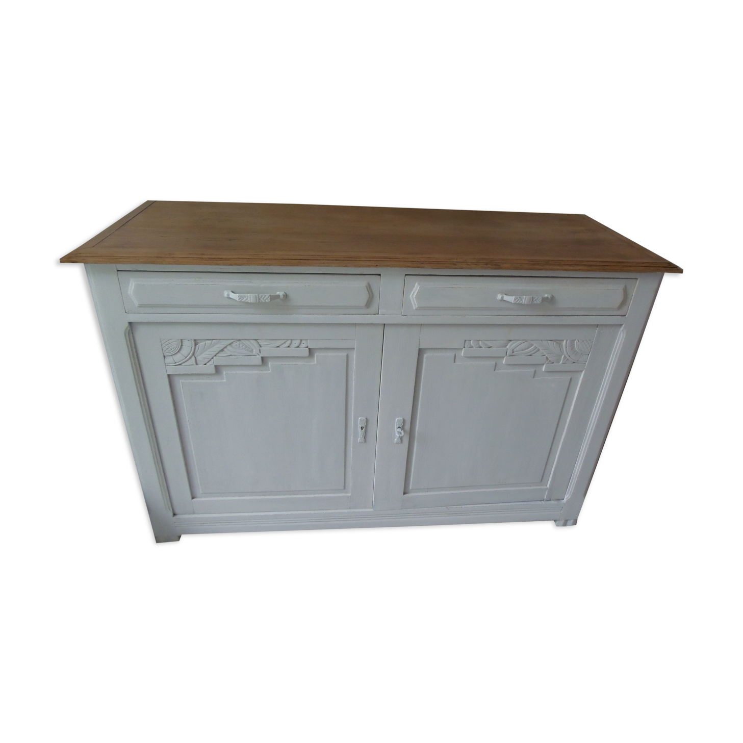 Art Deco sideboard patinated pearl gray, oak top.