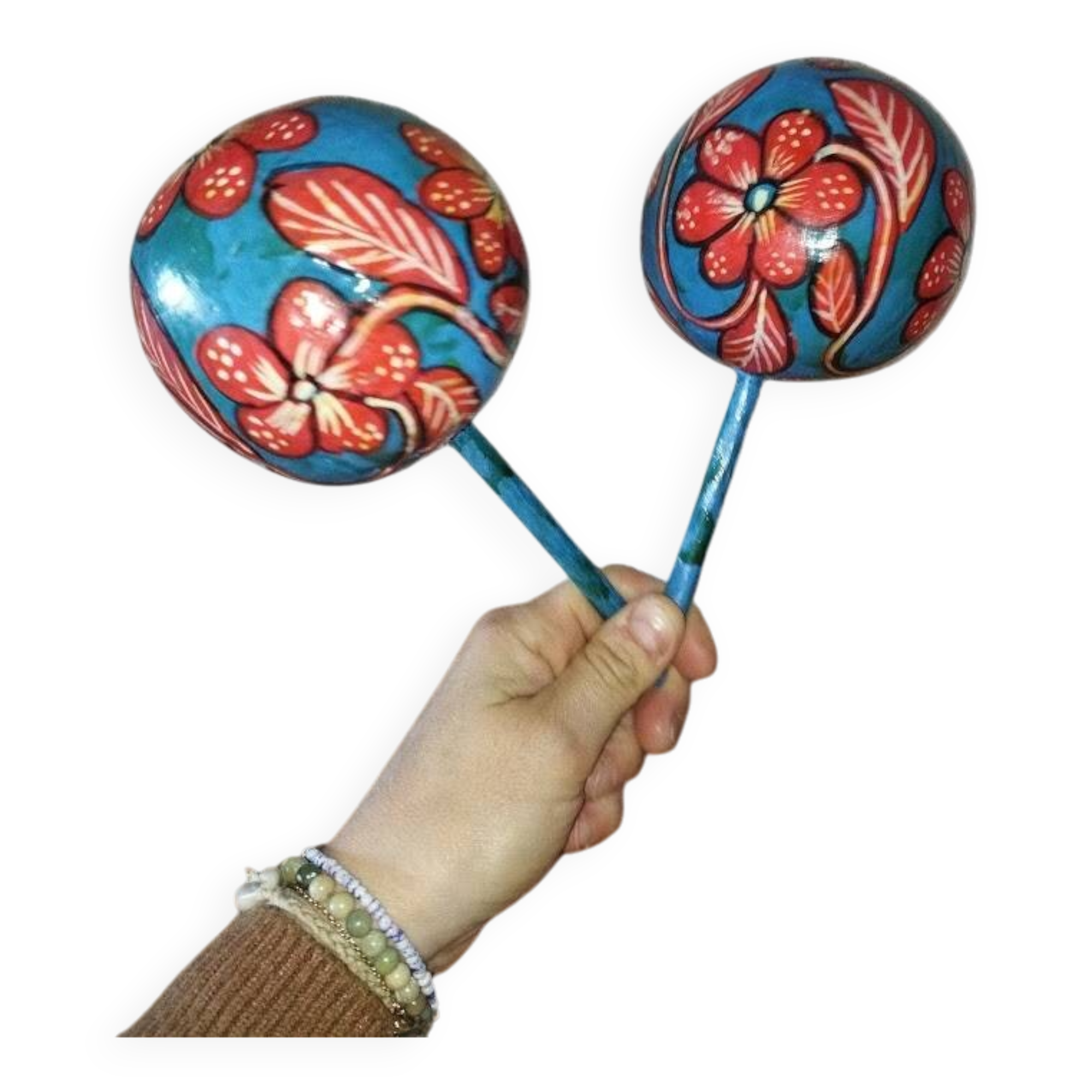 Pair of handmade Mexican maracas in painted gourd – 1960s/70s