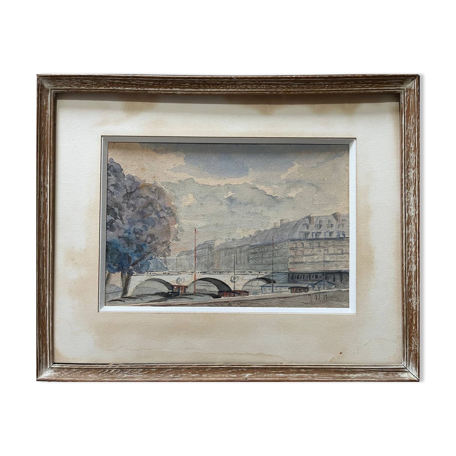 Watercolour painting early 20th century Paris Bridge Seine River signed J. M. Nicolle