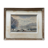 Watercolour painting early 20th century Paris Bridge Seine River signed J. M. Nicolle