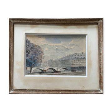 Watercolour painting early 20th century Paris Bridge Seine River signed J. M. Nicolle